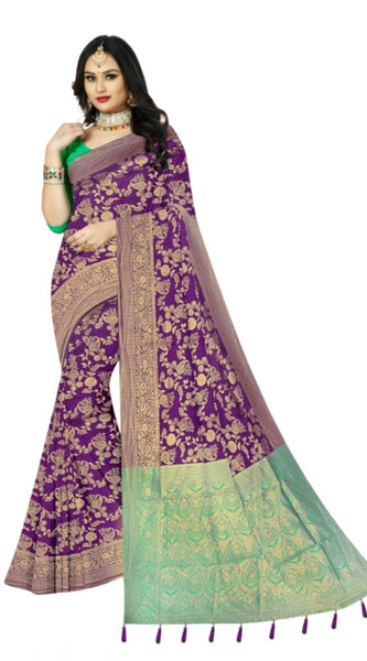 Mayawye Women's Banarasi Printed Saree With Unstitched Blouse 5.5Mtr (Purple)