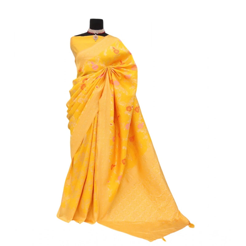 Mayawye Women's Banarasi Printed Saree With Unstitched Blouse 5.5Mtr (Yellow)
