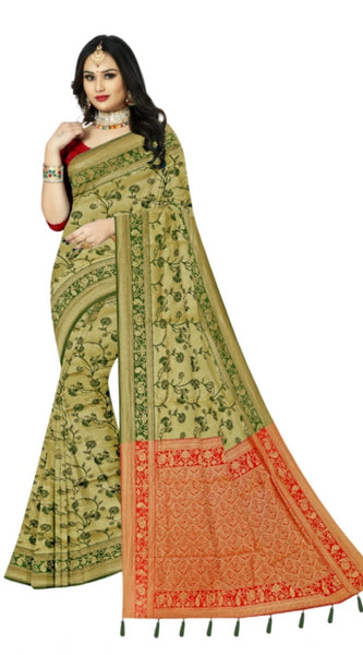 Mayawye Women's Banarasi Printed Saree With Unstitched Blouse 5.5Mtr (Golden)