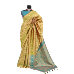 Mayawye Women's Banarasi Printed Saree With Unstitched Blouse 5.5Mtr (Golden)