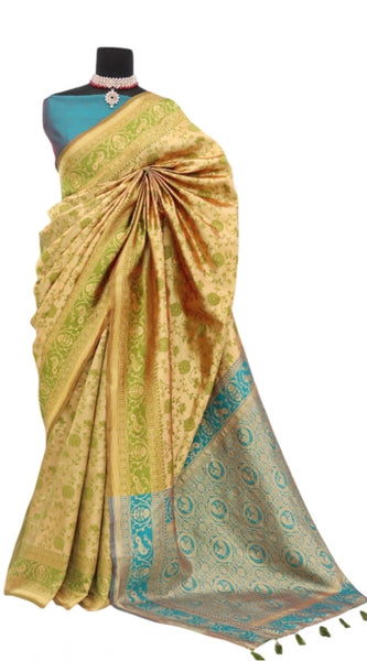 Mayawye Women's Banarasi Printed Saree With Unstitched Blouse 5.5Mtr (Golden)
