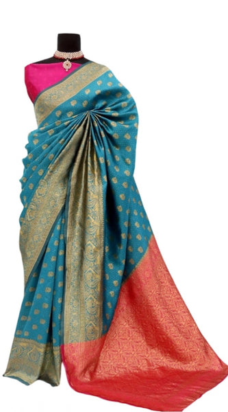 Mayawye Women's Banarasi Printed Saree With Unstitched Blouse 5.5Mtr (Aqua Blue)