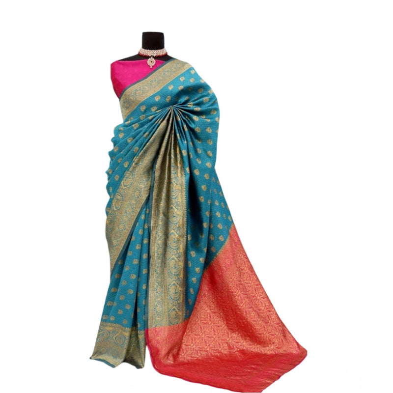 Mayawye Women's Banarasi Printed Saree With Unstitched Blouse 5.5Mtr (Aqua Blue)