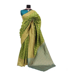 Mayawye Women's Banarasi Printed Saree With Unstitched Blouse 5.5Mtr (Mehendi Green)