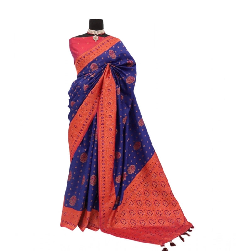 Mayawye Women's Banarasi Printed Saree With Unstitched Blouse 5.5Mtr (Navy Blue)
