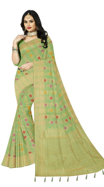 Mayawye Women's Banarasi Printed Saree With Unstitched Blouse 5.5Mtr (Green)