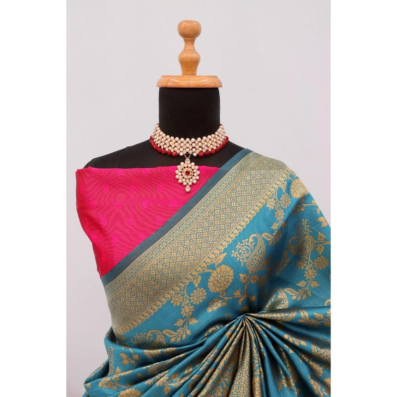 Mayawye Women's Banarasi Printed Saree With Unstitched Blouse 5.5Mtr (Aqua Blue)
