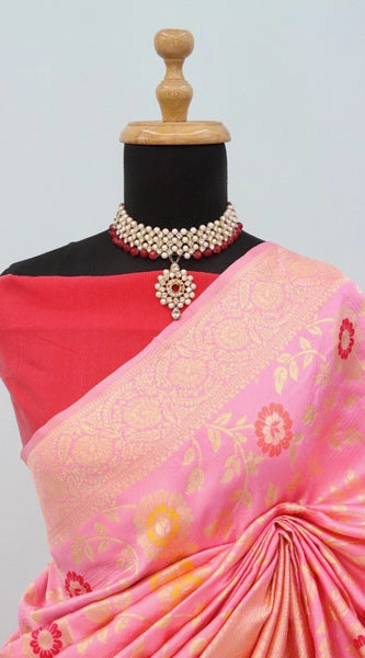 Mayawye Women's Banarasi Printed Saree With Unstitched Blouse 5.5Mtr (Pink)