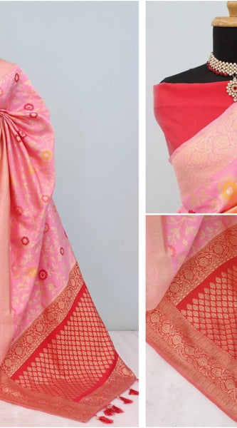 Mayawye Women's Banarasi Printed Saree With Unstitched Blouse 5.5Mtr (Pink)