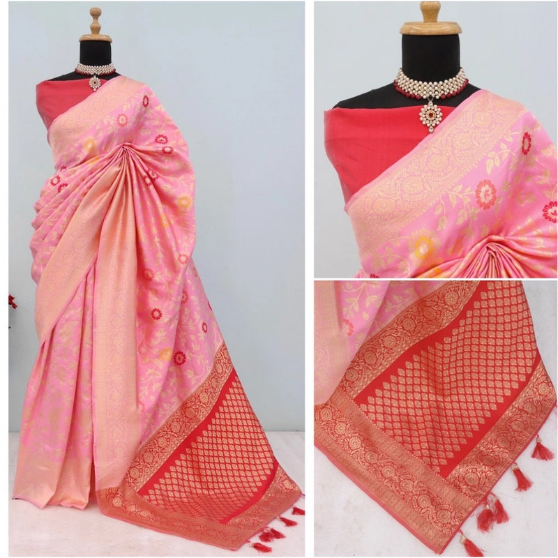 Mayawye Women's Banarasi Printed Saree With Unstitched Blouse 5.5Mtr (Pink)