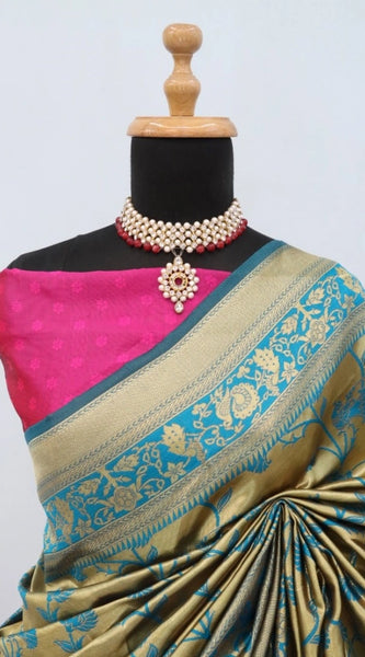 Mayawye Women's Banarasi Printed Saree With Unstitched Blouse 5.5Mtr (Golden)