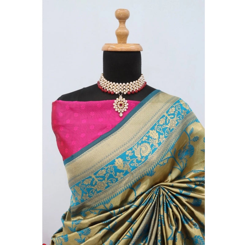 Mayawye Women's Banarasi Printed Saree With Unstitched Blouse 5.5Mtr (Golden)