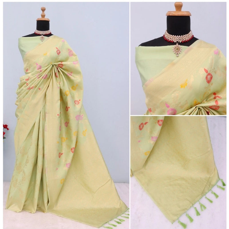 Mayawye Women's Banarasi Printed Saree With Unstitched Blouse 5.5Mtr (Pista)