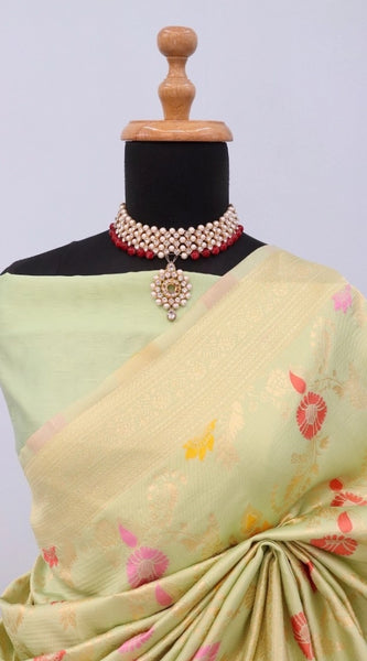 Mayawye Women's Banarasi Printed Saree With Unstitched Blouse 5.5Mtr (Pista)