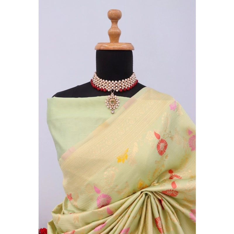 Mayawye Women's Banarasi Printed Saree With Unstitched Blouse 5.5Mtr (Pista)