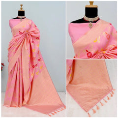 Mayawye Women's Banarasi Printed Saree With Unstitched Blouse 5.5Mtr (Pink)
