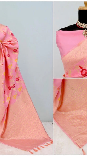 Mayawye Women's Banarasi Printed Saree With Unstitched Blouse 5.5Mtr (Pink)