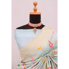 Mayawye Women's Banarasi Printed Saree With Unstitched Blouse 5.5Mtr (Firozi)