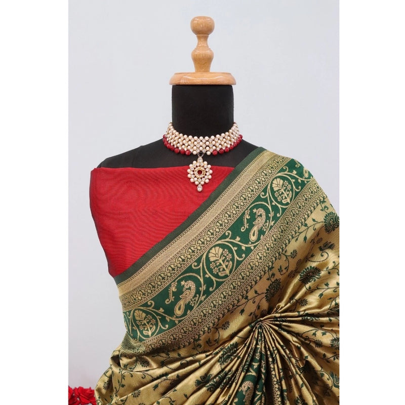 Mayawye Women's Banarasi Printed Saree With Unstitched Blouse 5.5Mtr (Golden)