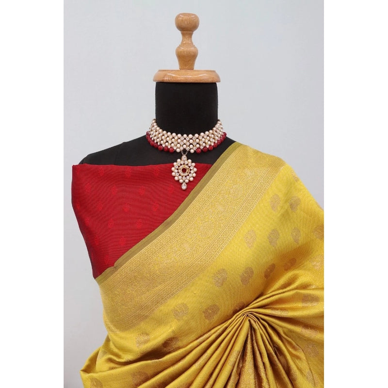 Mayawye Women's Banarasi Printed Saree With Unstitched Blouse 5.5Mtr (Yellow)