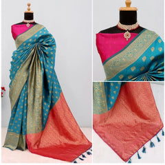 Mayawye Women's Banarasi Printed Saree With Unstitched Blouse 5.5Mtr (Aqua Blue)