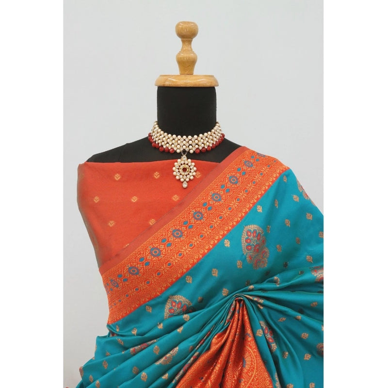 Mayawye Women's Banarasi Printed Saree With Unstitched Blouse 5.5Mtr (Rama)