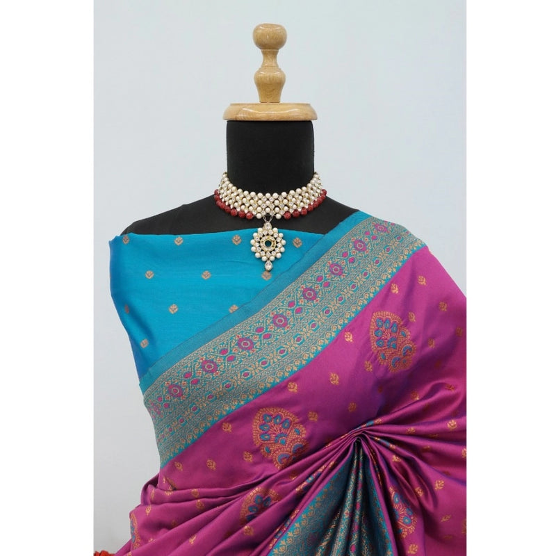 Mayawye Women's Banarasi Printed Saree With Unstitched Blouse 5.5Mtr (Purple)