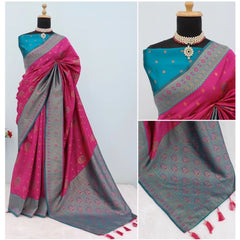 Mayawye Women's Banarasi Printed Saree With Unstitched Blouse 5.5Mtr (Rani)