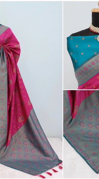 Mayawye Women's Banarasi Printed Saree With Unstitched Blouse 5.5Mtr (Rani)