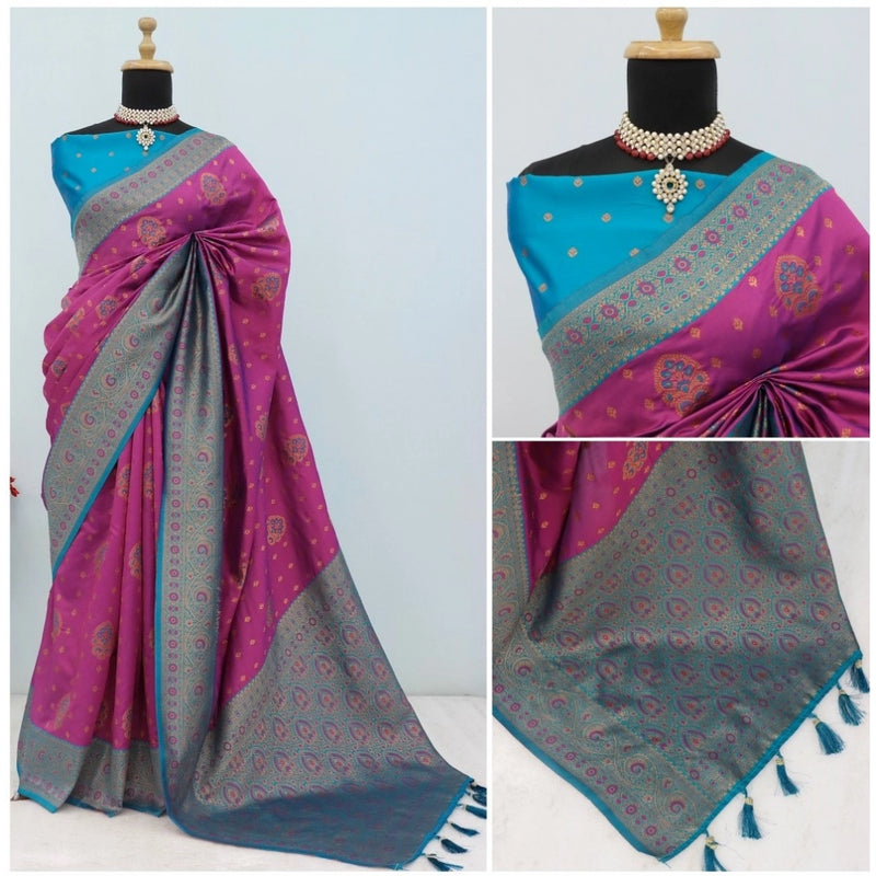 Mayawye Women's Banarasi Printed Saree With Unstitched Blouse 5.5Mtr (Purple)