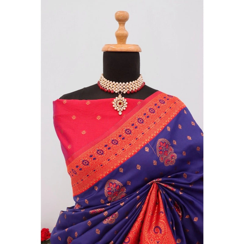 Mayawye Women's Banarasi Printed Saree With Unstitched Blouse 5.5Mtr (Navy Blue)