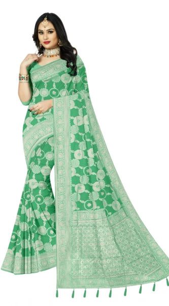 Mayawye Women's Cotton Printed Saree With Unstitched Blouse 5.5Mtr (Rama)