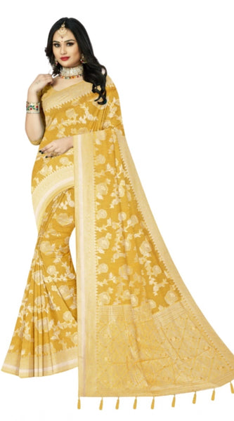 Mayawye Women's Cotton Printed Saree With Unstitched Blouse 5.5Mtr (Yellow)