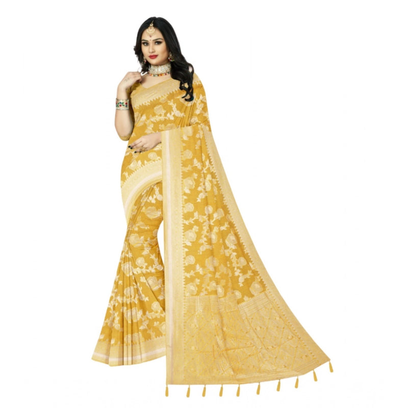 Mayawye Women's Cotton Printed Saree With Unstitched Blouse 5.5Mtr (Yellow)