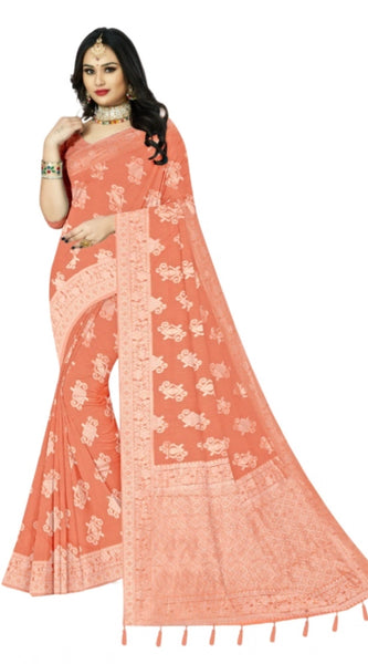 Mayawye Women's Cotton Printed Saree With Unstitched Blouse 5.5Mtr (Orange)