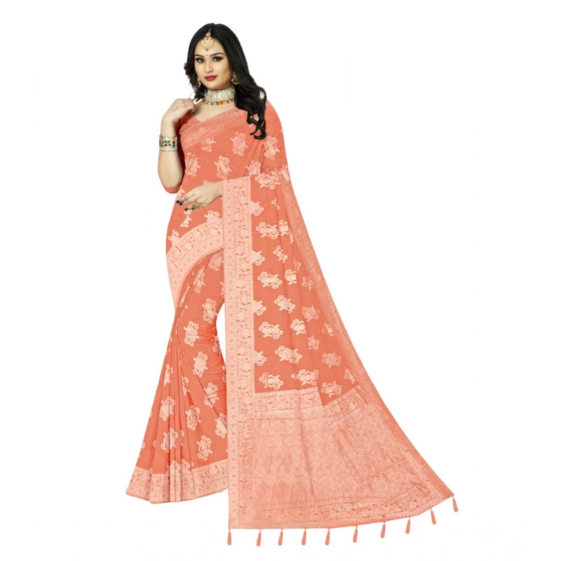 Mayawye Women's Cotton Printed Saree With Unstitched Blouse 5.5Mtr (Orange)