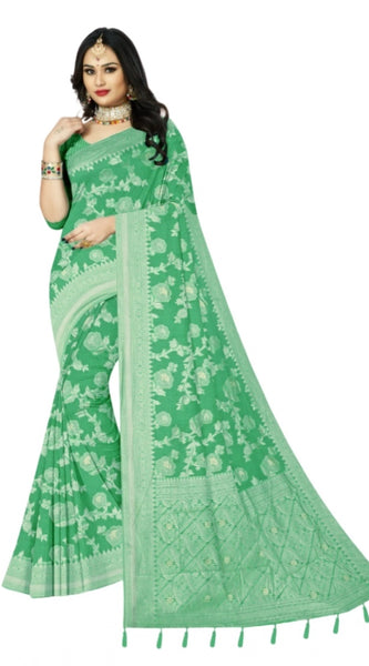 Mayawye Women's Cotton Printed Saree With Unstitched Blouse 5.5Mtr (Rama)