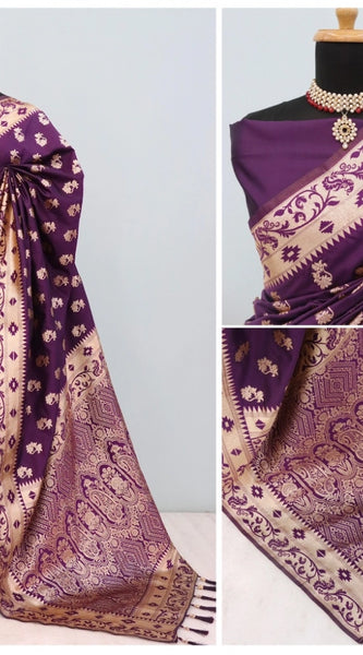 Mayawye Women's Satin Printed Saree With Unstitched Blouse 5.5Mtr (Purple)