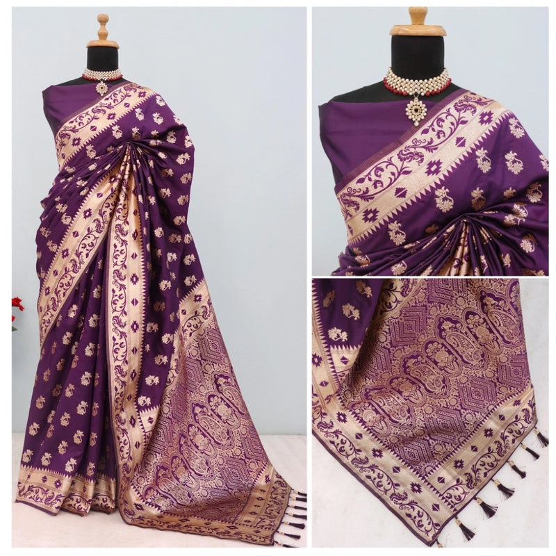 Mayawye Women's Satin Printed Saree With Unstitched Blouse 5.5Mtr (Purple)