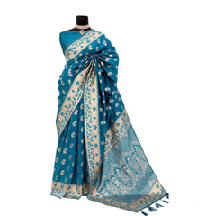 Mayawye Women's Satin Printed Saree With Unstitched Blouse 5.5Mtr (Aqua Blue)