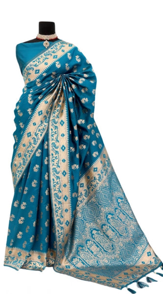 Mayawye Women's Satin Printed Saree With Unstitched Blouse 5.5Mtr (Aqua Blue)