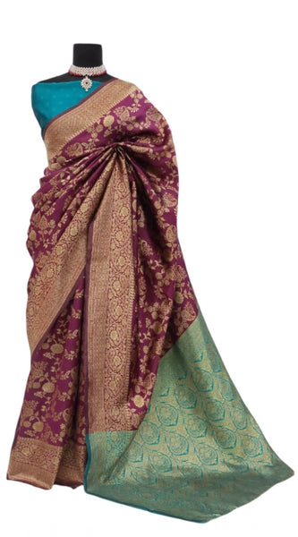 Mayawye Women's Banarasi Printed Saree With Unstitched Blouse 5.5Mtr (Purple)