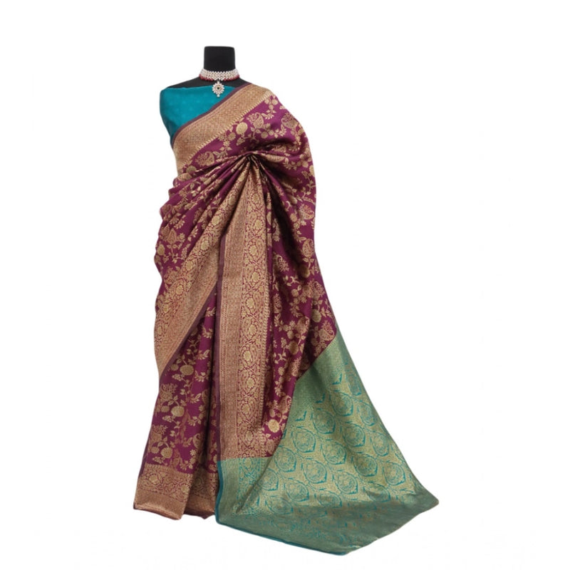Mayawye Women's Banarasi Printed Saree With Unstitched Blouse 5.5Mtr (Purple)