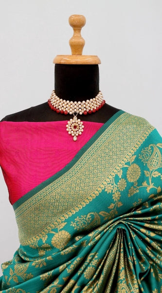 Mayawye Women's Banarasi Printed Saree With Unstitched Blouse 5.5Mtr (Rama)