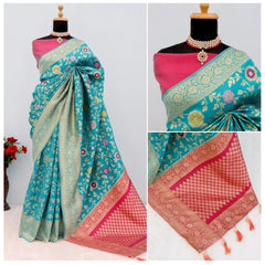 Mayawye Women's Banarasi Printed Saree With Unstitched Blouse 5.5Mtr (Rama)