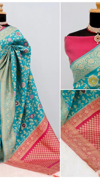 Mayawye Women's Banarasi Printed Saree With Unstitched Blouse 5.5Mtr (Rama)