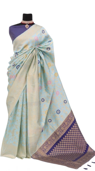 Mayawye Women's Banarasi Printed Saree With Unstitched Blouse 5.5Mtr (Firozi)