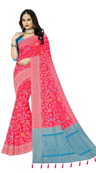 Mayawye Women's Banarasi Printed Saree With Unstitched Blouse 5.5Mtr (Rani)