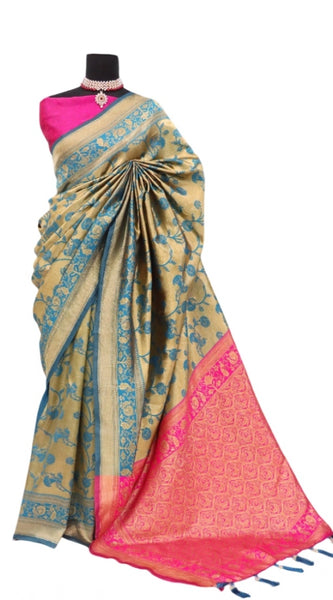 Mayawye Women's Banarasi Printed Saree With Unstitched Blouse 5.5Mtr (Golden)