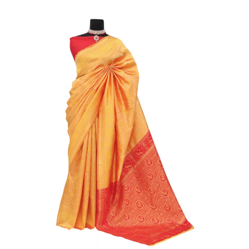 Mayawye Women's Banarasi Printed Saree With Unstitched Blouse 5.5Mtr (Yellow)